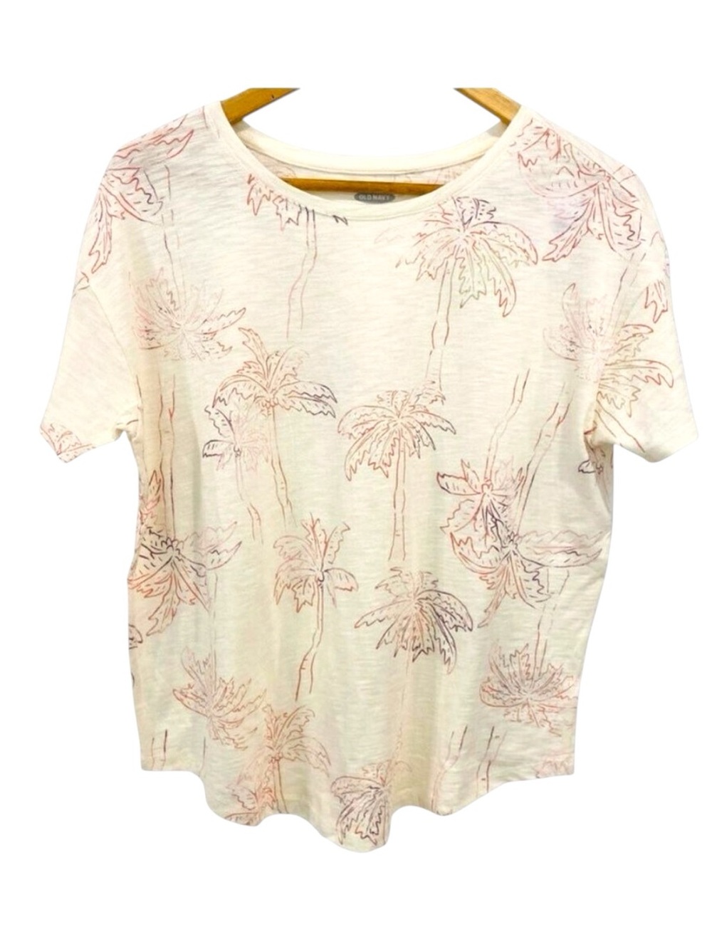 NWT Boxy crop tee shirt sleeves round neck cotton &modal medium palm trees cream